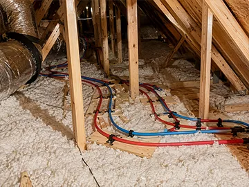 Red and blue PEX plumbing running through the attic of a Georgia home.